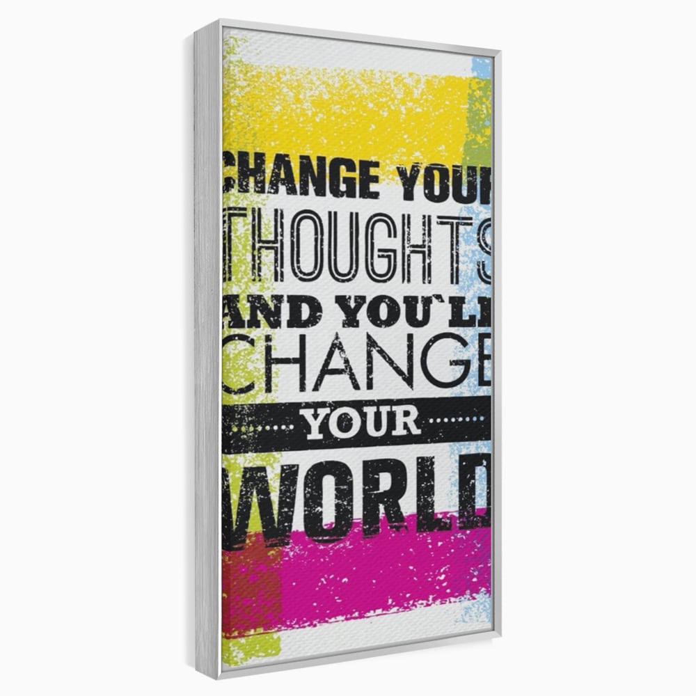 Tablou canvas cu tablou canvas cu mesaj motivational colorat, in rama de aluminiu argintiu